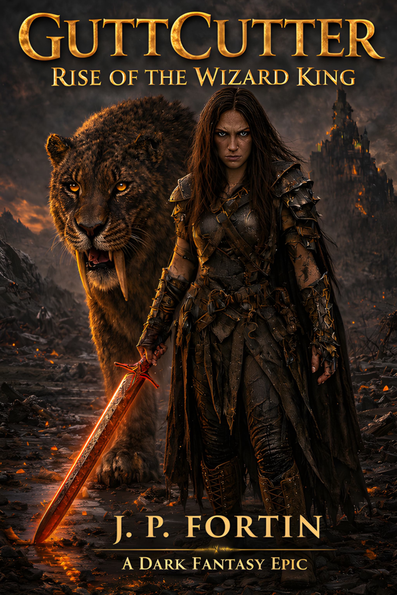 GuttCutter: Rise of the Wizard King — a warrior woman holding a glowing cursed blade stands before a massive saber-tooth, a ruined fortress burning behind them